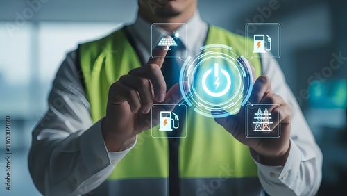 Engineer interacting with sustainable energy icons on interface