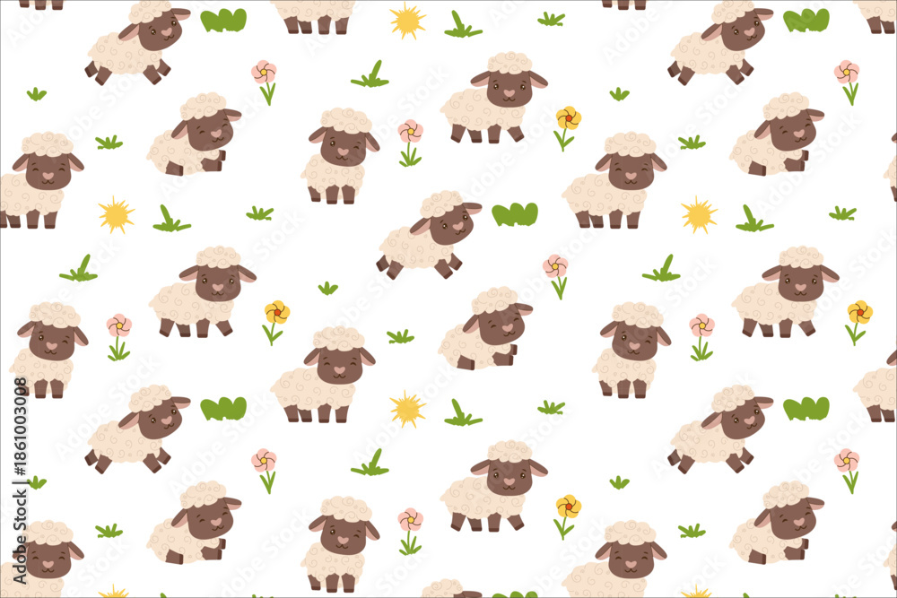 Obraz premium Adorable vector illustration featuring a seamless pattern of fluffy cartoon sheep in soft pastel colors. Each sheep is surrounded by simple flowers and grass on a white background for textiles, wallpa