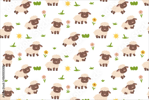 Adorable vector illustration featuring a seamless pattern of fluffy cartoon sheep in soft pastel colors. Each sheep is surrounded by simple flowers and grass on a white background for textiles, wallpa