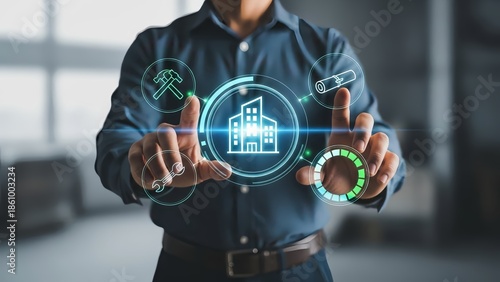 Businessman interacting with futuristic building interface