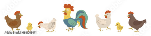 A delightful vector illustration featuring a family of chickens, including a rooster, hens, and chicks. This colorful and playful design captures the essence of a happy poultry gathering.
