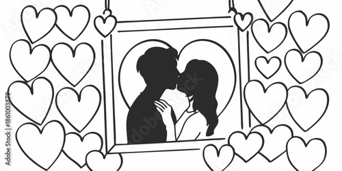 Couple Embracing Surrounded by Hearts in Illustration
