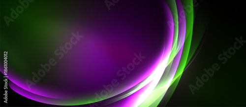 Abstract swirls, vibrant colors blend. Purple dominates, green accents create dynamic flow. Smooth gradients suggest movement, energy.
