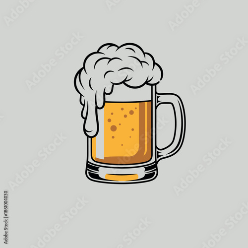 Cold pint of lager in a glass mug with foam for a bar menu vector illustration or celebration party sign design on a white background