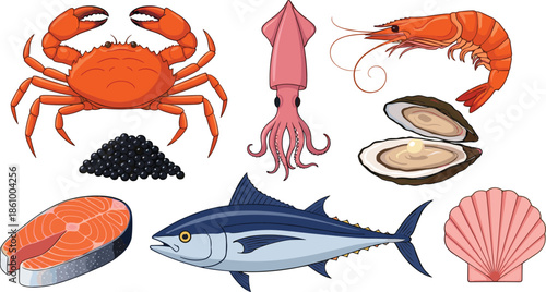 Seafood and fish collection featuring fresh crab lobster shrimp squid oyster with pearl salmon fillet and tuna for restaurant menu and vector design.