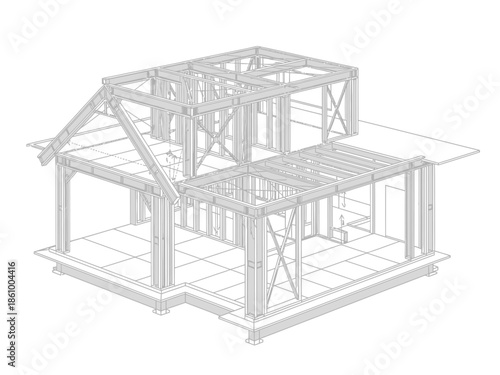 Gray line drawing of a multistory structures exposed steel frame