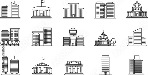 Modern building outline collection featuring various skyscraper designs government institutions museums and city office structures for urban architecture landscape and vector design.