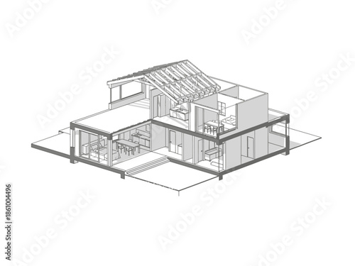 Isometric cutaway architectural drawing of a twostory modern house structure