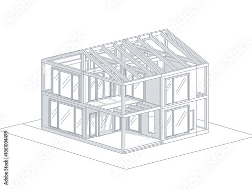 Isometric line drawing showing the internal framing and window openings of a twostory residential structure