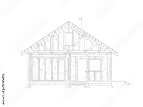 Architectural elevation drawing of a woodframed gableroof house showing structural elements