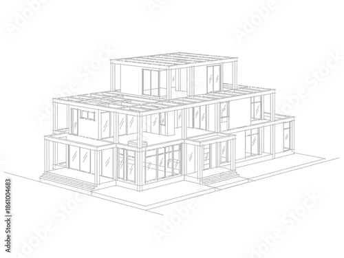 Wireframe architectural sketch of a multilevel modern tiered house structure