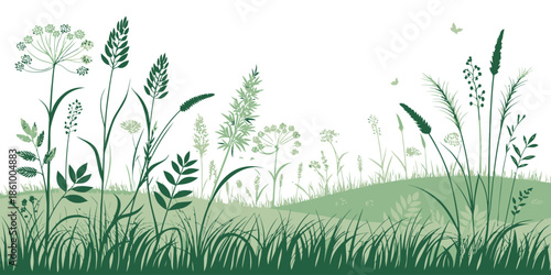 Lush green grass and wildflowers in a serene natural landscape