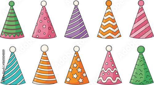 Colorful party hat collection featuring various cone designs with polka dots stripes stars and pompons for birthday celebration holiday event and vector.
