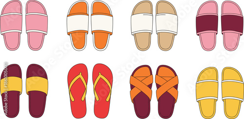 Colorful summer slipper and flip flop collection featuring various slide designs and sandals for beach pool vacation travel footwear and flat vector.