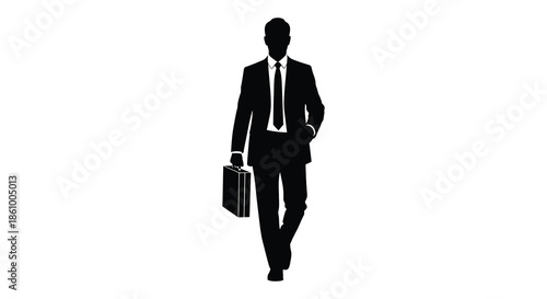 A sharply dressed businessman walking with a briefcase a striking black form silhouette