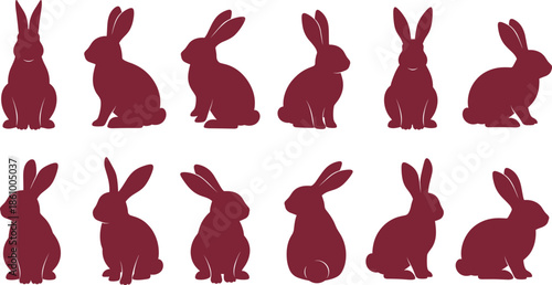 Brown rabbit silhouette collection featuring various bunny shapes in sitting and standing poses for easter nature wildlife forest animals and vector design.