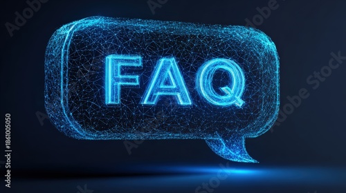 A futuristic FAQ icon, shining with vibrant blue, hovering against a dark background, representing digital communication. ..Created with Generative AI, not depicting real subjects.