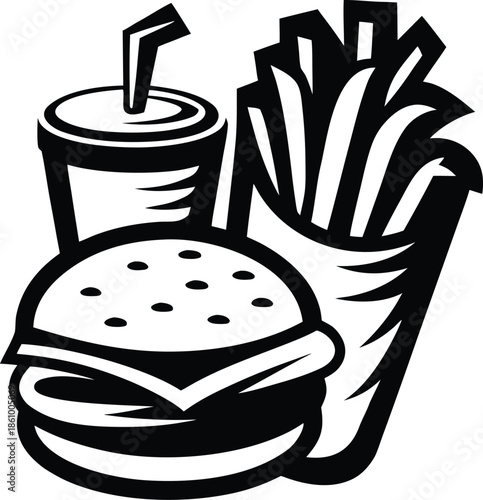 fast food combo set icon Black silhouette vector illustration on transparent background