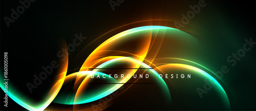 Abstract neon lines create dynamic curves. Bright orange, teal, green hues blend against dark backdrop. Modern design element.
