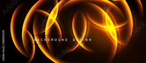 Abstract orange swirls over black background. Dynamic light effects create flowing shapes, modern design element.