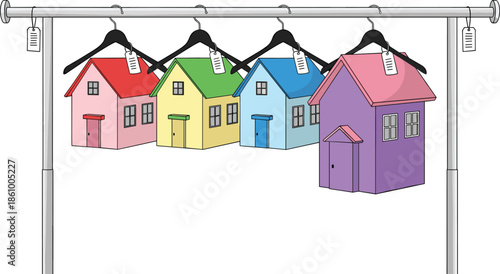 Colorful Model Houses Hanging on Clothing Rack with Price Tags for Real Estate Shopping, Property Market Choice, and Home Buying Concepts