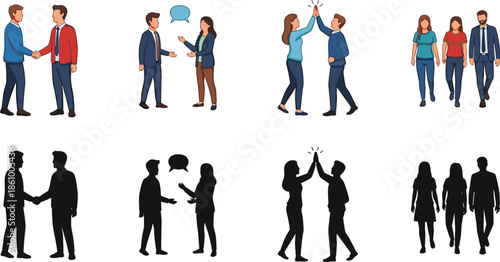 Business Professional People Illustration Set with Men and Women Handshaking, High Five, Talking, and Walking Silhouettes for Corporate Teamwork Concepts