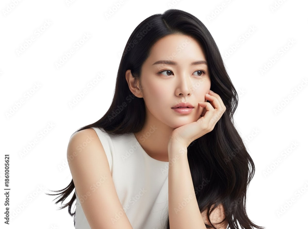 Fototapeta premium Young woman in thoughtful pose isolated on transparent background