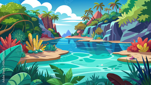 Tropical lagoon landscape vector with crystal clear water and coral, flat illustration