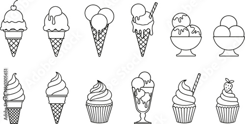 Ice cream and cupcake outline collection featuring various scoops cones sundae glasses and frosting swirls for dessert menu summer treat vector design.