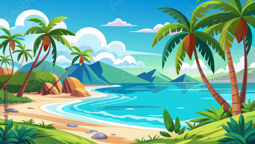 Tropical beach landscape vector with palm trees, turquoise water and clear sky, flat illustration