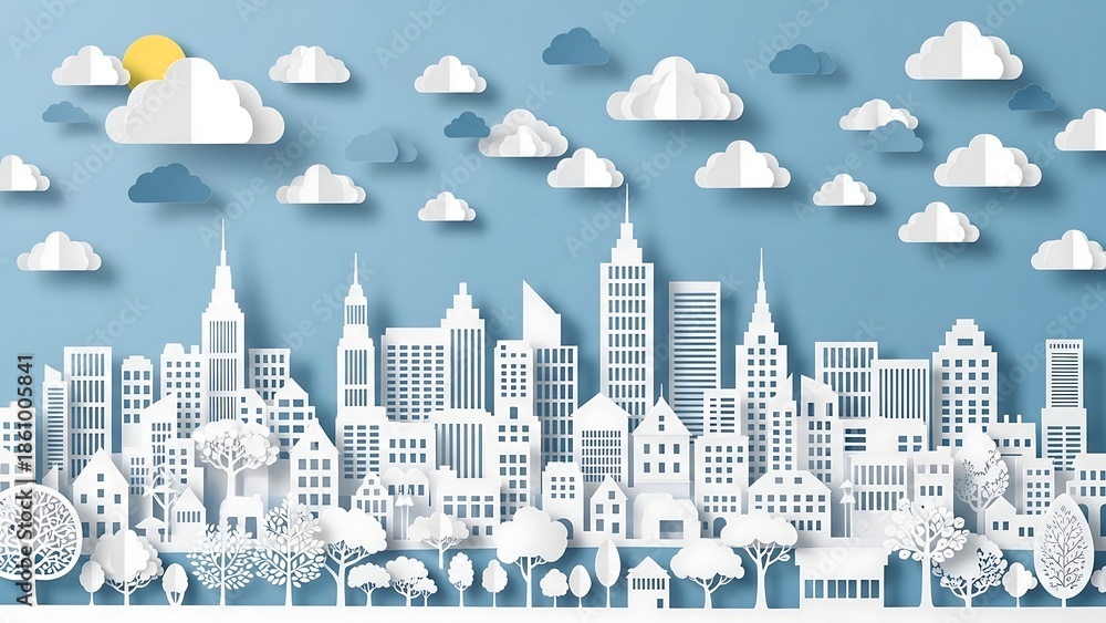 Fototapeta premium Cityscape with clouds and buildings.