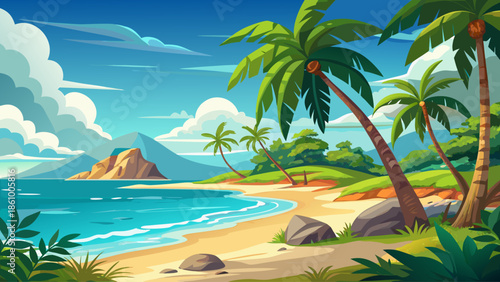 Tropical beach landscape vector with palm trees, turquoise water and clear sky, flat illustration