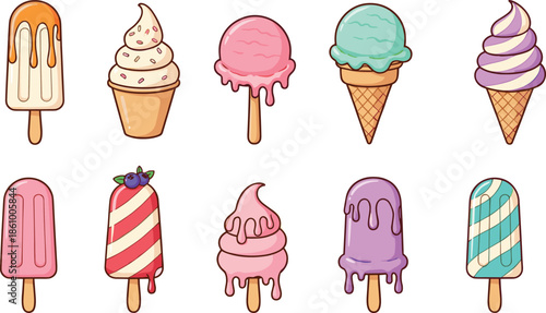 Colorful ice cream and popsicle collection featuring various fruit flavors swirl cones melting treats and summer snacks for dessert menu and vector design.