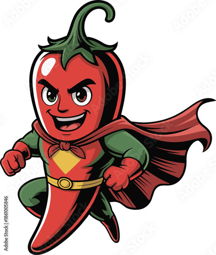 Chili pepper superhero character flying in costume with red cape and green bodysuit