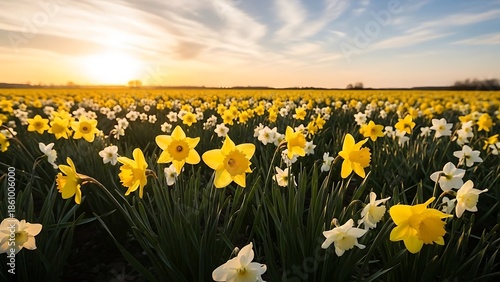 Golden Hour Daffodil and Narcissus Field - Beautiful Spring Flower Landscape Background
