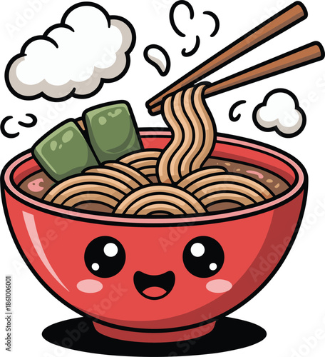 Kawaii ramen bowl character with noodles and chopsticks cute anime food illustration