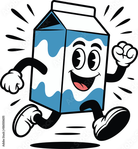 Milk carton mascot character running with a happy face cartoon illustration