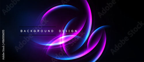 Abstract neon lines form flowing shapes against dark background. Vibrant blue, purple hues create dynamic visual effect. Modern design element.