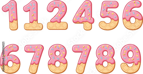 Colorful number collection featuring pink frosting and sprinkles on waffle cone texture for birthday party celebration sweet dessert and vector font design.