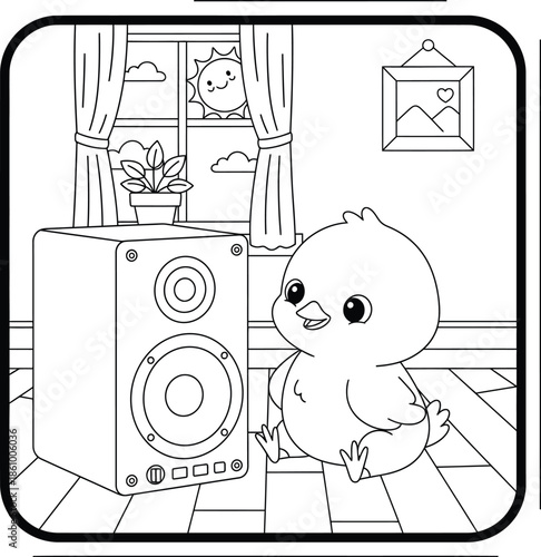 Cute Baby Bird Listening to Music from Speaker in Cozy Room – Kawaii Cartoon Line Art Illustration for Kids Coloring Book and Nursery Design
