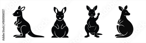 Dynamic silhouette collection of kangaroos in various active and resting poses, capturing their unique form