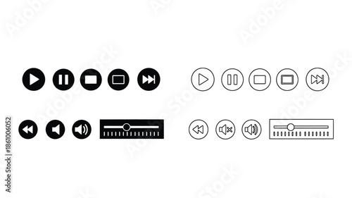 Media player controls in black and white line art style silhouette
