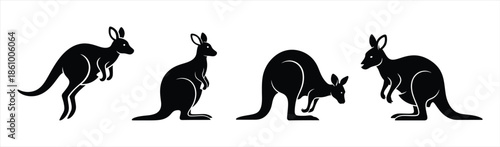 Collection of dynamic kangaroo silhouettes in various poses, vector illustration for wildlife themes