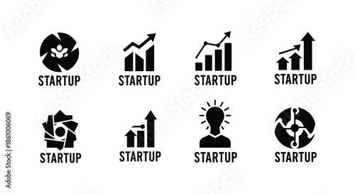 A collection of startup icons depicting growth ideas and business success silhouette