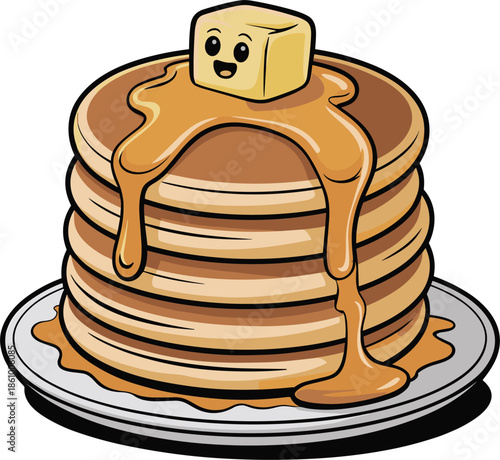 Stack of pancakes with syrup and cute butter illustration on transparent background