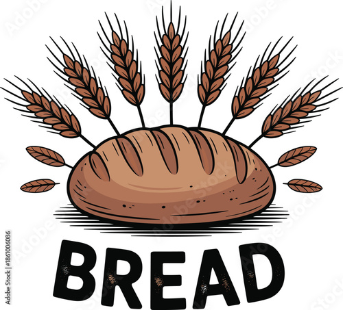 Rustic homemade bread with wheat ears and text on a clear background illustration