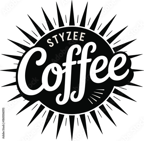 Styzee coffee vintage logo with sunburst rays black and white vector design