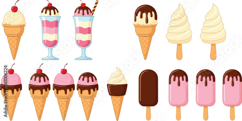 Ice cream and frozen dessert collection featuring vanilla and strawberry cones sundaes with chocolate sauce cherry toppings and popsicles for summer menu vector.