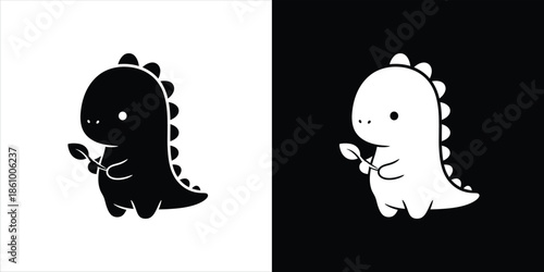 Adorable Baby Dinosaur Holding a Leaf in Contrasting Monochrome Palette