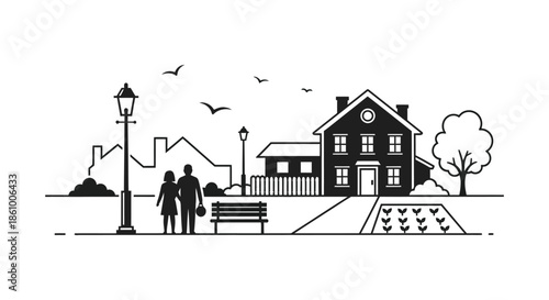 A peaceful townscape with a couple walking houses trees and birds in the sky silhouette